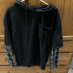 Stylish Black Hoodie with Plaid Sleeves